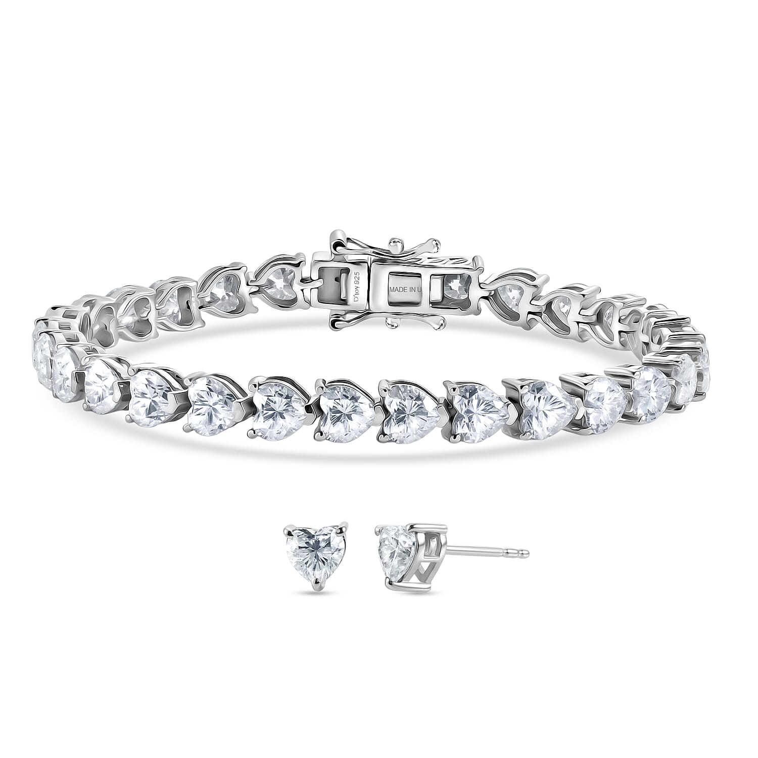 D'Joy Moissanite 16.00 ctw Heart Link Bracelet (7.25In) and Stud Earrings in Rhodium Over Sterling Silver
