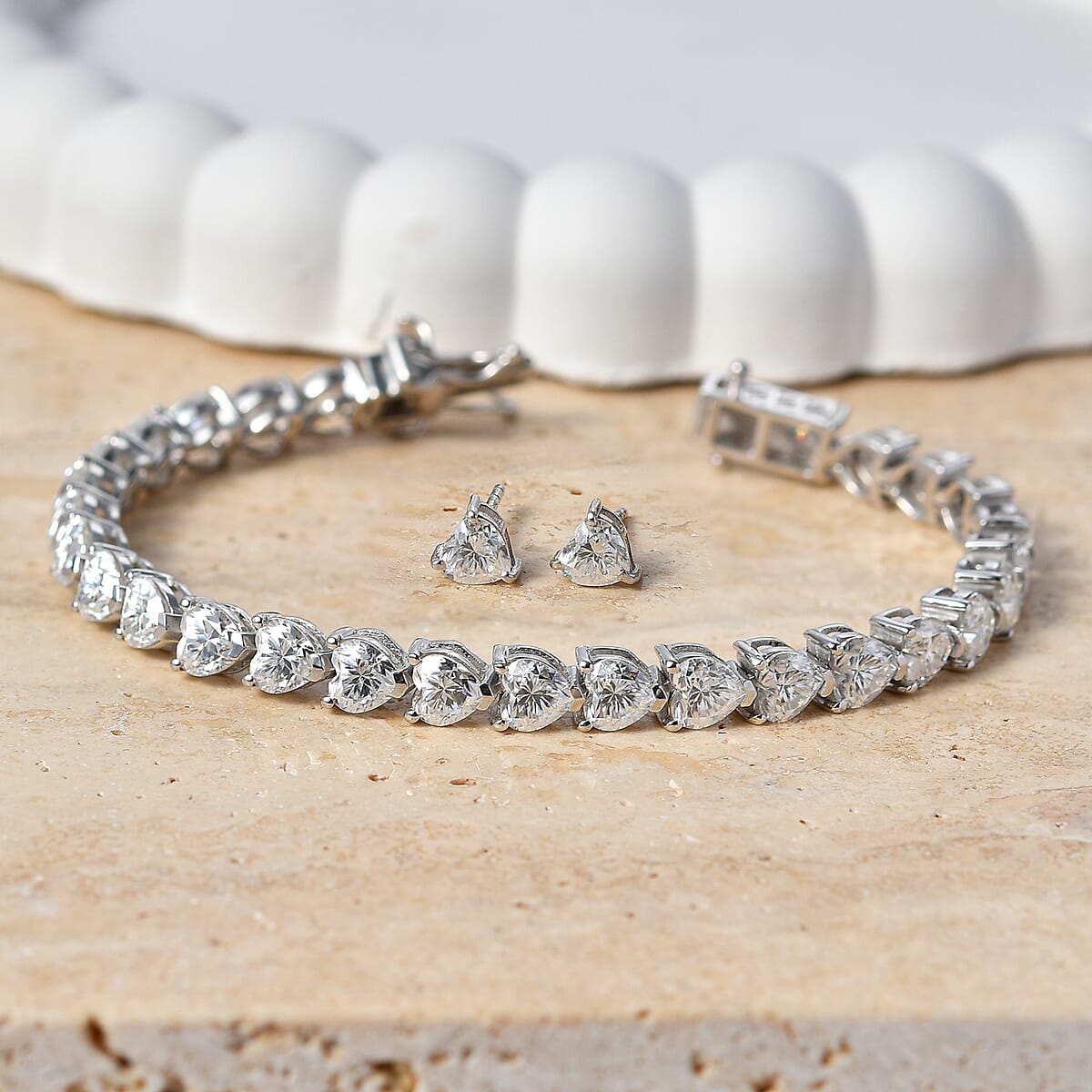 D'Joy Moissanite 16.00 ctw Heart Link Bracelet (7.25In) and Stud Earrings in Rhodium Over Sterling Silver image number 1
