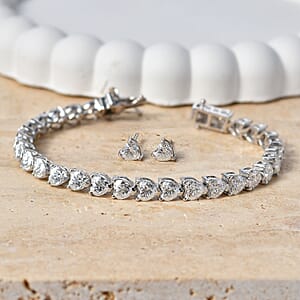 D'Joy Moissanite 16.00 ctw Heart Link Bracelet (7.25In) and Stud Earrings in Rhodium Over Sterling Silver