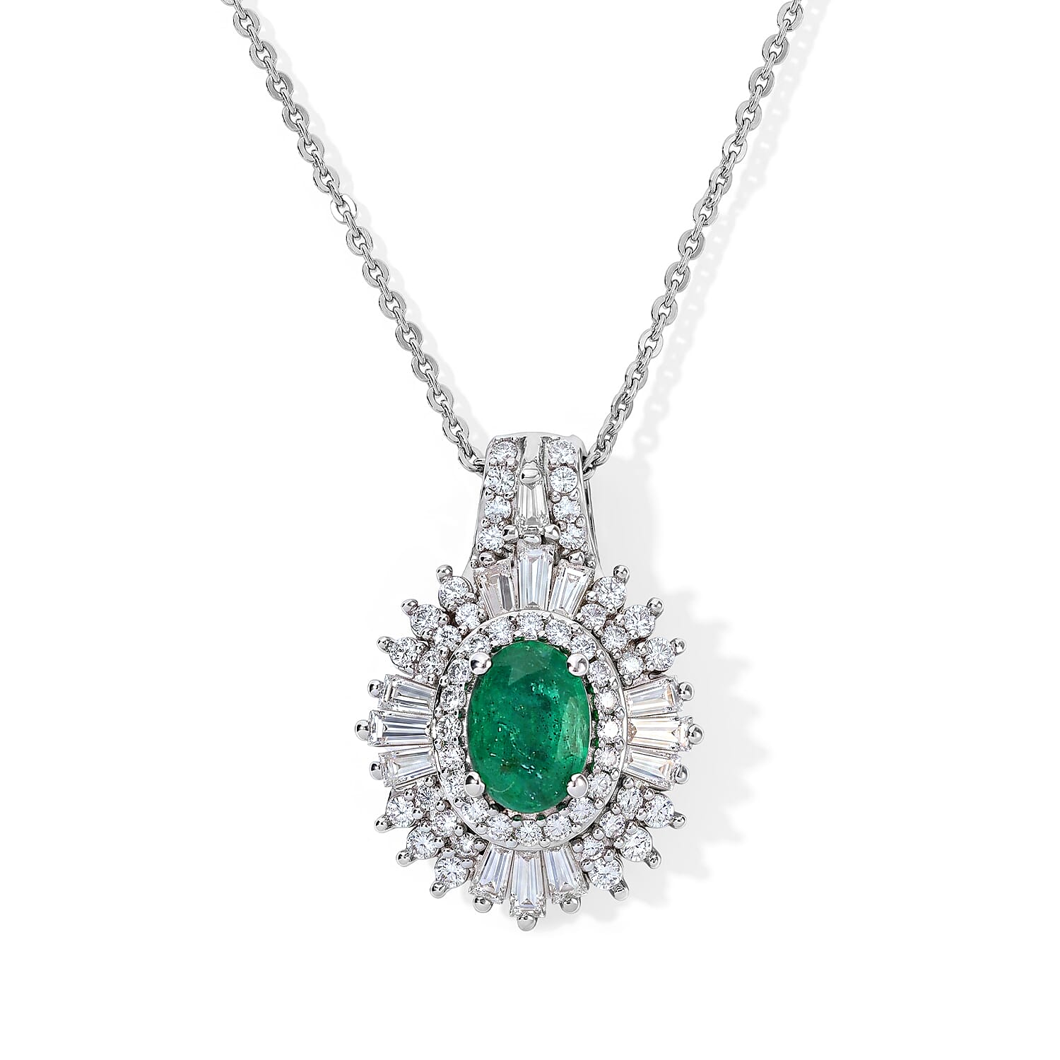 D'Joy AAA Kagem Zambian Emerald and Moissanite 1.60 ctw Pendant Necklace (20 Inches) in Rhodium Over Sterling Silver