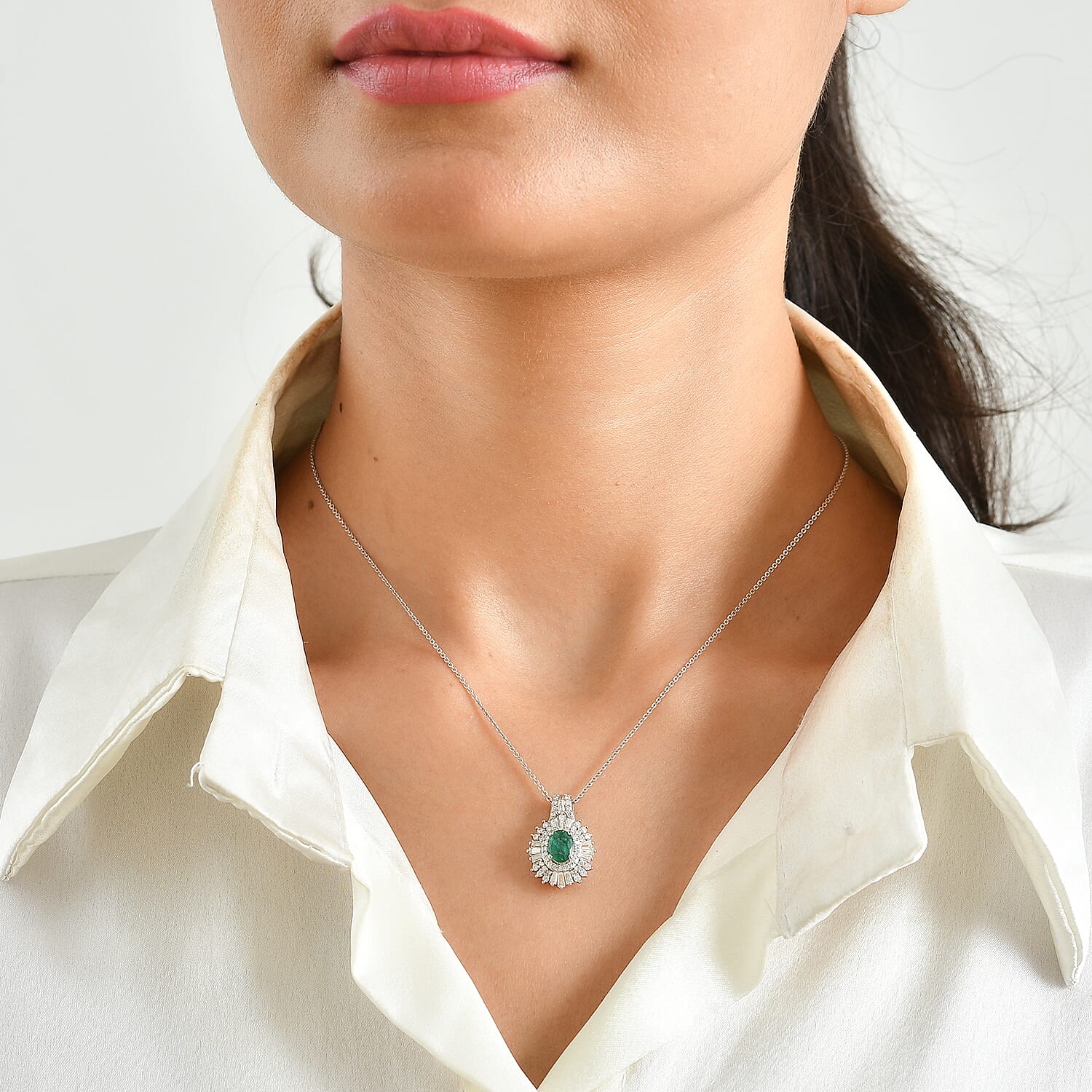 D'Joy AAA Kagem Zambian Emerald and Moissanite 1.60 ctw Pendant Necklace (20 Inches) in Rhodium Over Sterling Silver
