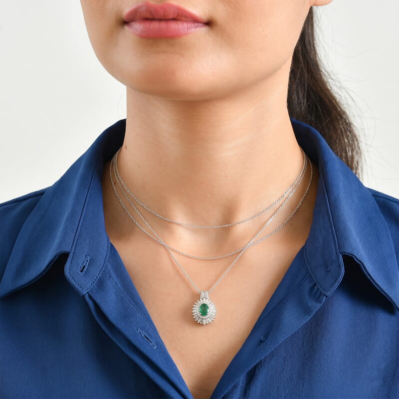 D'Joy AAA Kagem Zambian Emerald and Moissanite 1.60 ctw Pendant Necklace (20 Inches) in Rhodium Over Sterling Silver