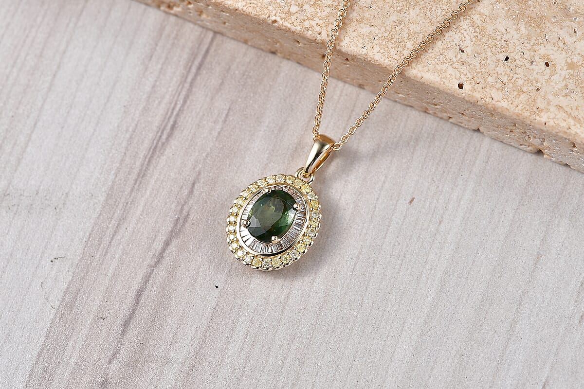 Luxoro Premium Malawi Green Sapphire, White and Yellow Diamond I2 2.00 ctw Majestic Sunburst Pendant Necklace in 10K Yellow Gold 20 Inches image number 1