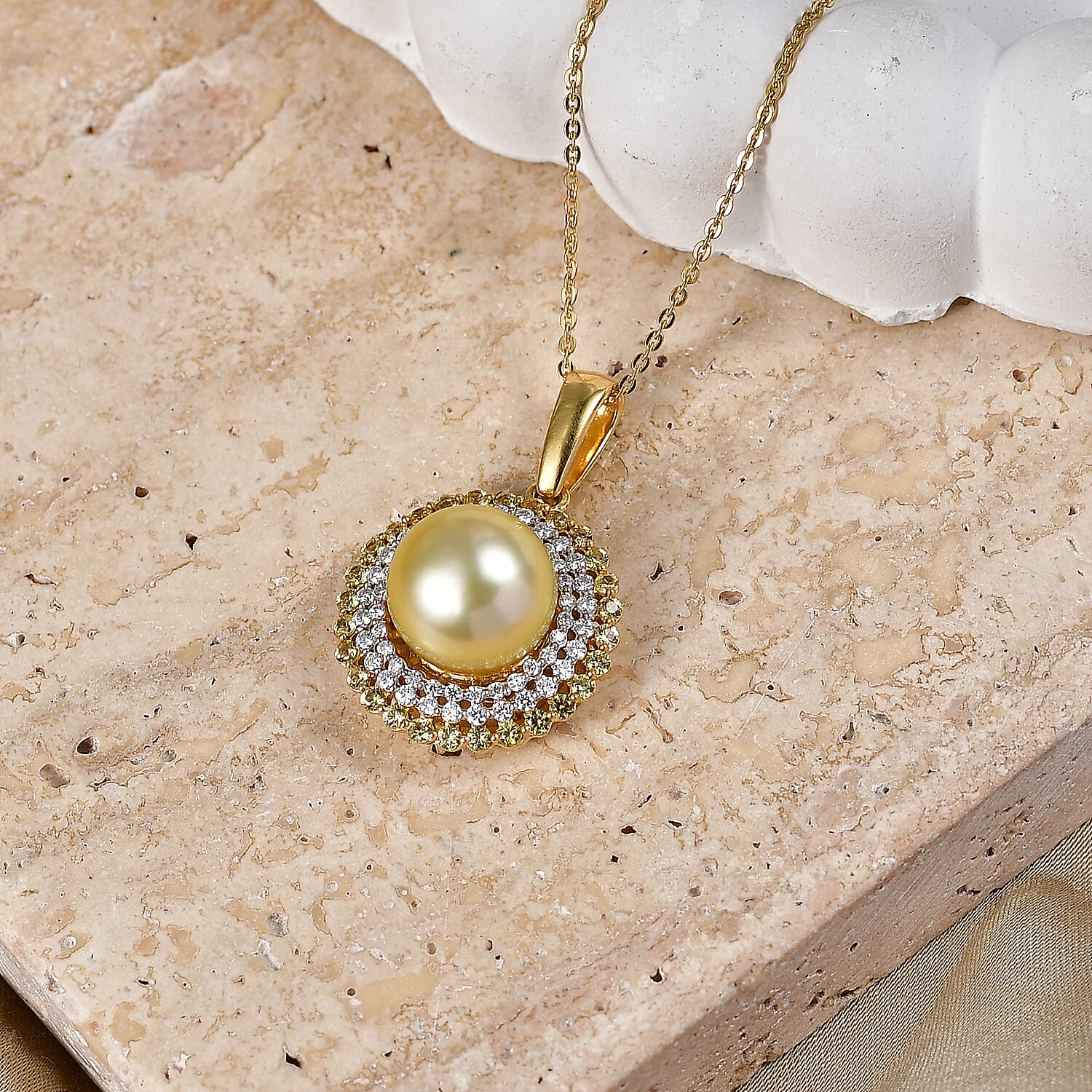 D'Joy Premium Golden South Seal Pearl and Multi Gemstone 1.10 ctw Pendant Necklace in 18K Vermeil Yellow Gold Over Sterling Silver 20 Inches