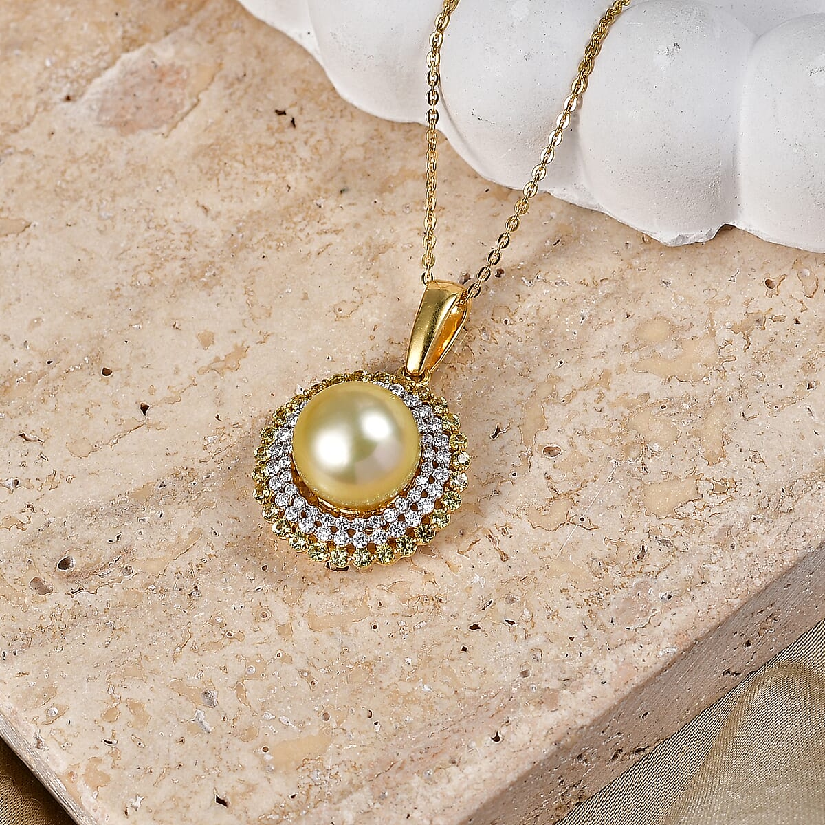 D'Joy Premium Golden South Seal Pearl and Multi Gemstone 1.10 ctw Pendant Necklace in 18K Vermeil Yellow Gold Over Sterling Silver 20 Inches image number 1
