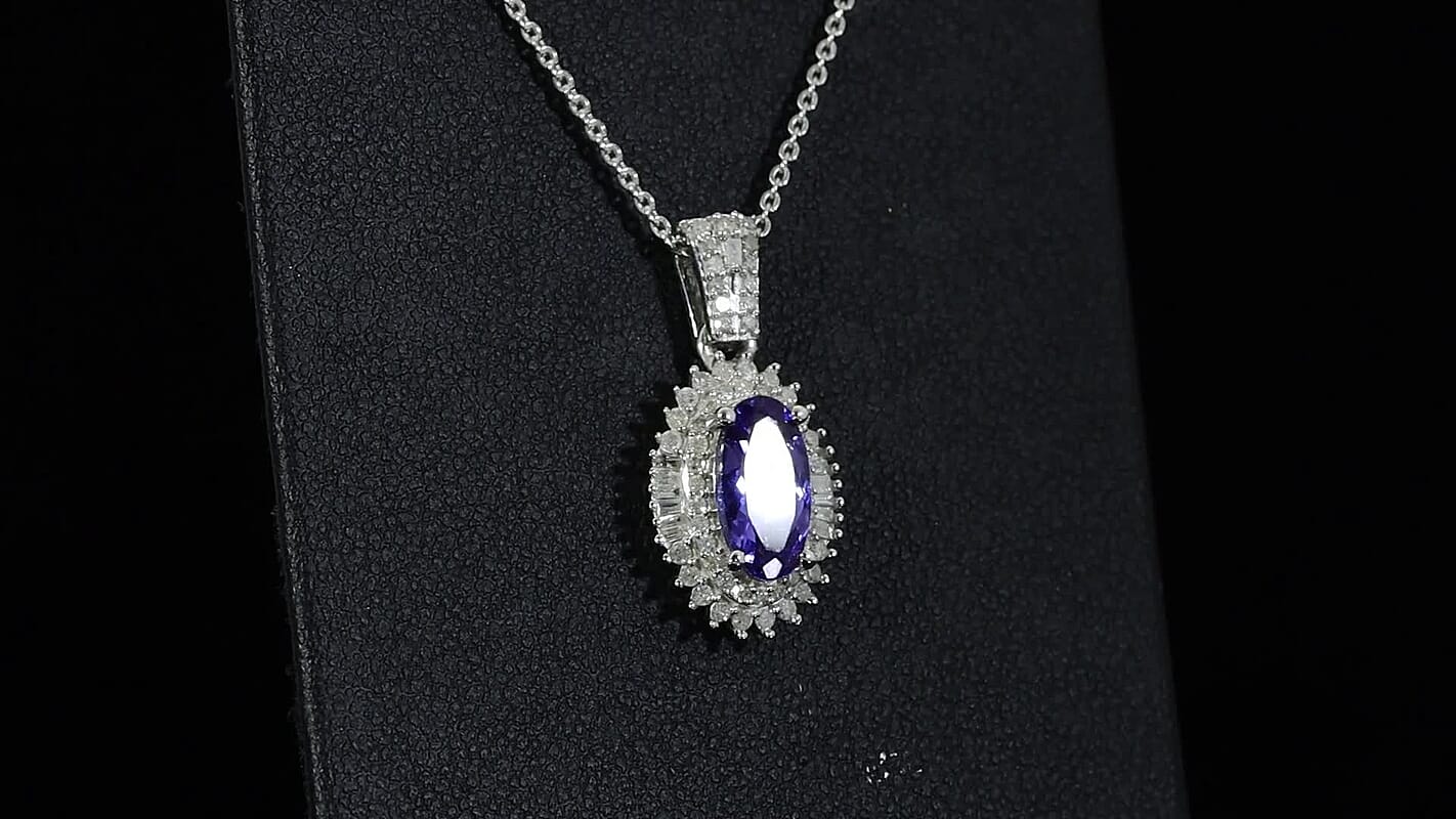 D''Joy Premium Tanzanite, Diamond (0.40 cts) Pendant Necklace (20 Inches) in Rhodium Over Sterling Silver 1.80 ctw