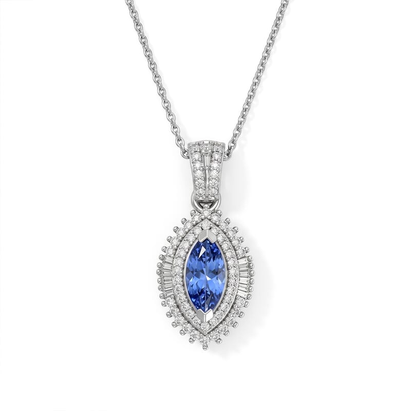 D'Joy Premium Tanzanite and Diamond 1.45 ctw Vintage Royal Crest Pendant Necklace in Rhodium Over Sterling Silver 20 Inches