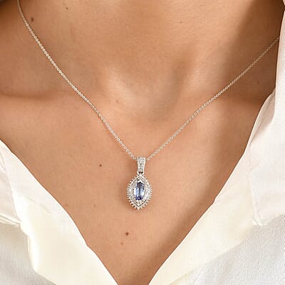 D'Joy Premium Tanzanite and Diamond 1.45 ctw Pendant Necklace in Rhodium Over Sterling Silver 20 Inches
