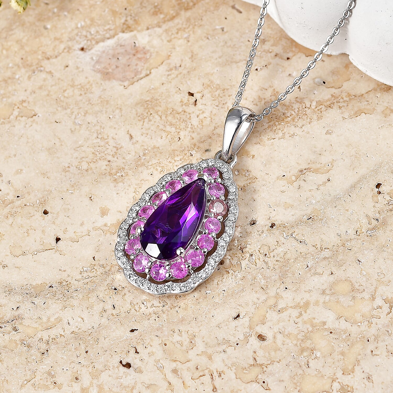 D'Joy AAA Zambian Amethyst and Multi Gemstone 4.15 ctw Royal Teardrop Bloom Pendant Necklace in Rhodium Over Sterling Silver 20 Inches