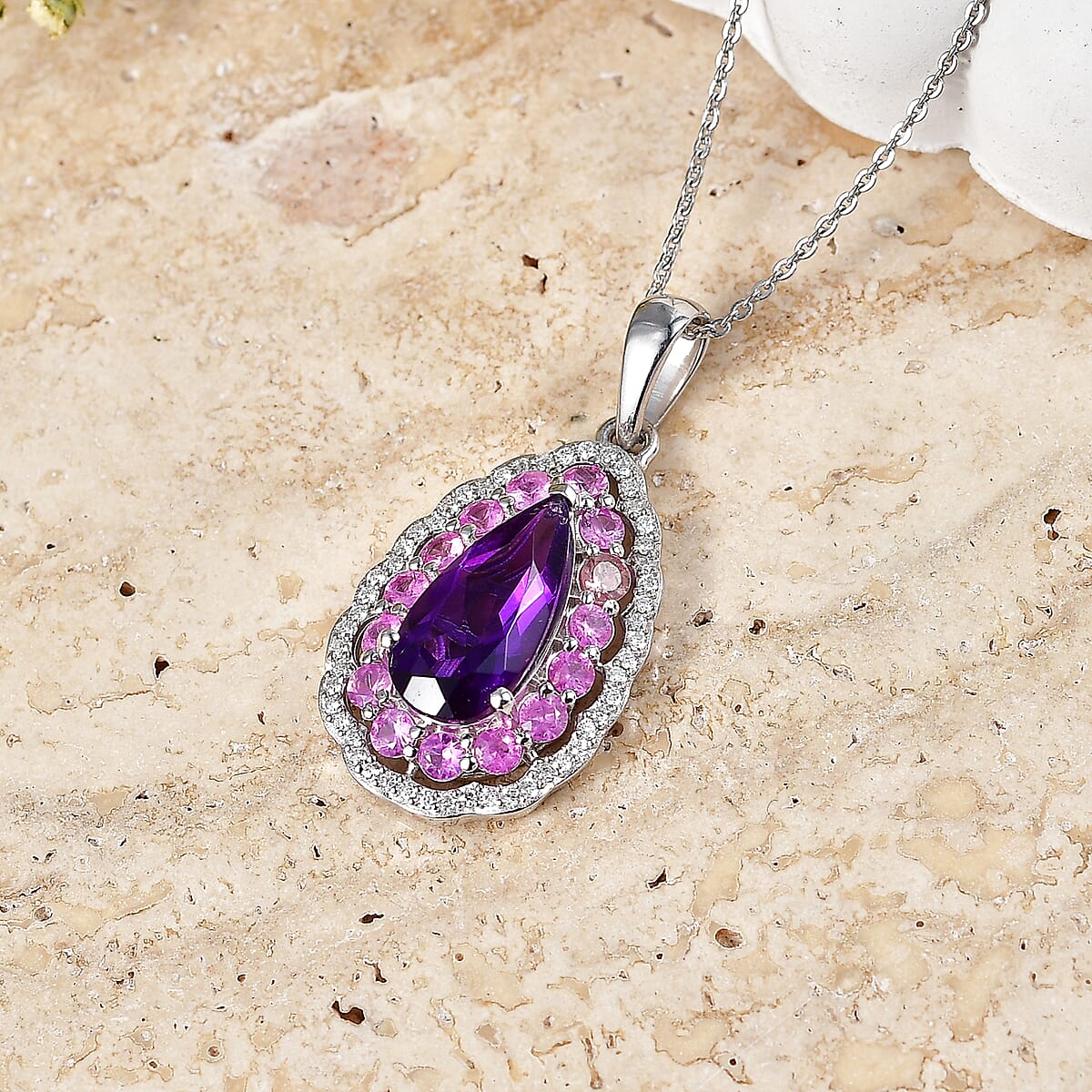 D'Joy AAA Zambian Amethyst and Multi Gemstone 4.15 ctw Royal Teardrop Bloom Pendant Necklace in Rhodium Over Sterling Silver 20 Inches image number 1