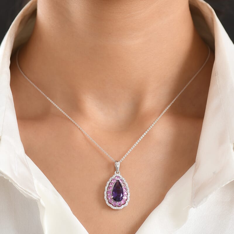 D'Joy AAA Zambian Amethyst and Multi Gemstone 4.15 ctw Royal Teardrop Bloom Pendant Necklace in Rhodium Over Sterling Silver 20 Inches