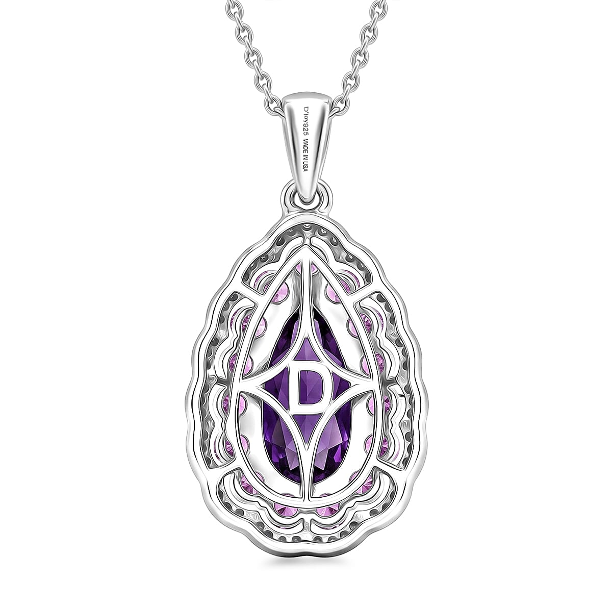 D'Joy AAA Zambian Amethyst and Multi Gemstone 4.15 ctw Royal Teardrop Bloom Pendant Necklace in Rhodium Over Sterling Silver 20 Inches image number 4