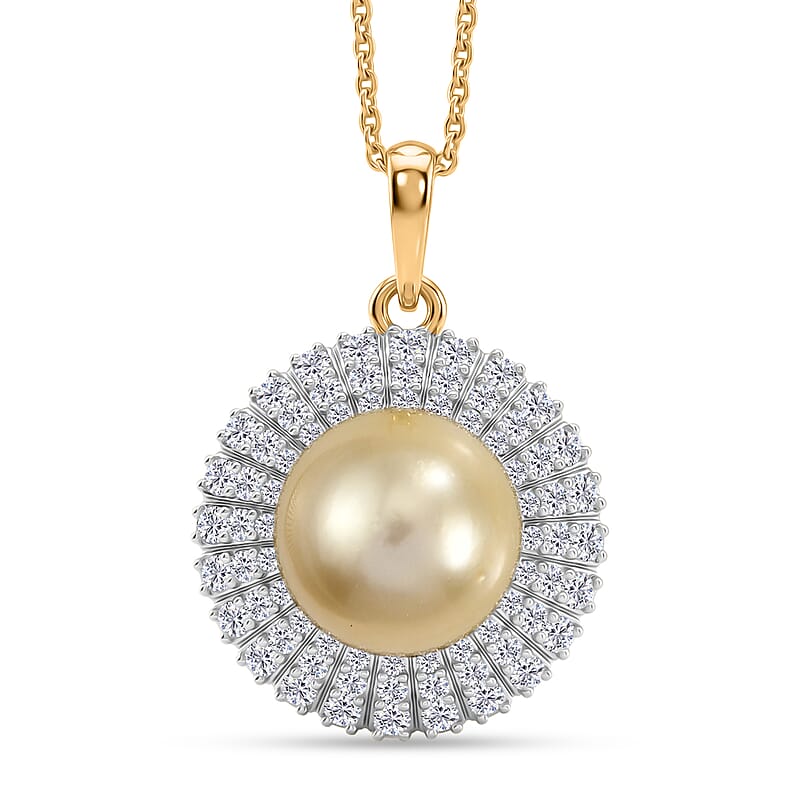 D'Joy Premium Golden South Sea Pearl and Moissanite 0.70 ctw Pendant Necklace in 18K Vermeil Yellow Gold Over Sterling Silver 20 Inches