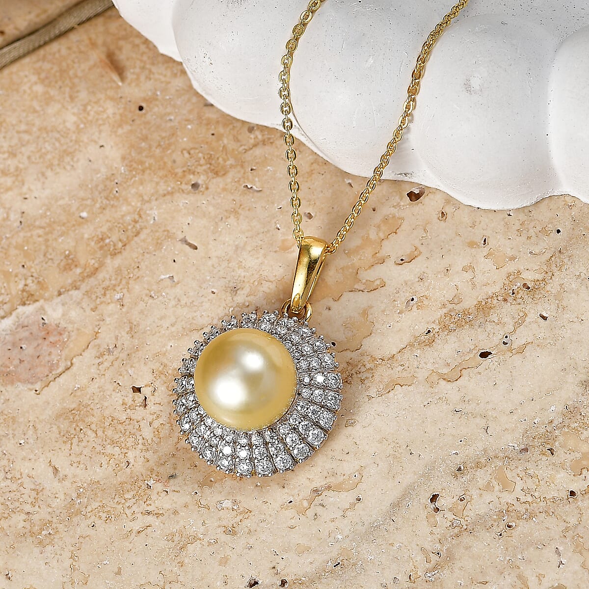 D'Joy Premium Golden South Sea Pearl and Moissanite 0.70 ctw Pendant Necklace in 18K Vermeil Yellow Gold Over Sterling Silver 20 Inches image number 1