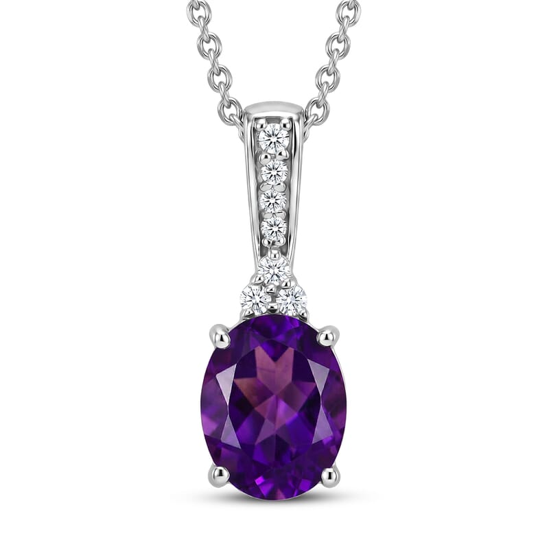 D'Joy AAA Zambian Amethyst and Moissanite 1.75 ctw Violet Majesty Pendant Necklace in Rhodium Over Sterling Silver 20 Inches