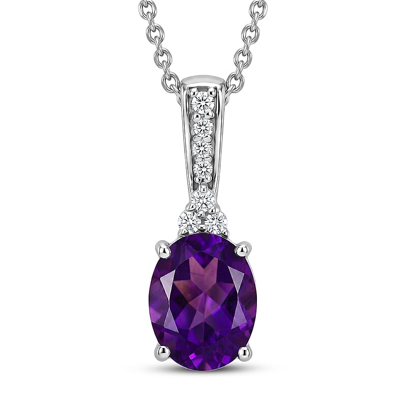 D'Joy AAA Zambian Amethyst and Moissanite 1.75 ctw Violet Majesty Pendant Necklace in Rhodium Over Sterling Silver 20 Inches