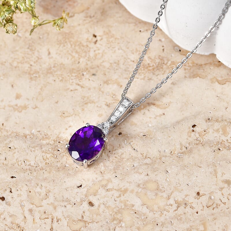 D'Joy AAA Zambian Amethyst and Moissanite 1.75 ctw Violet Majesty Pendant Necklace in Rhodium Over Sterling Silver 20 Inches
