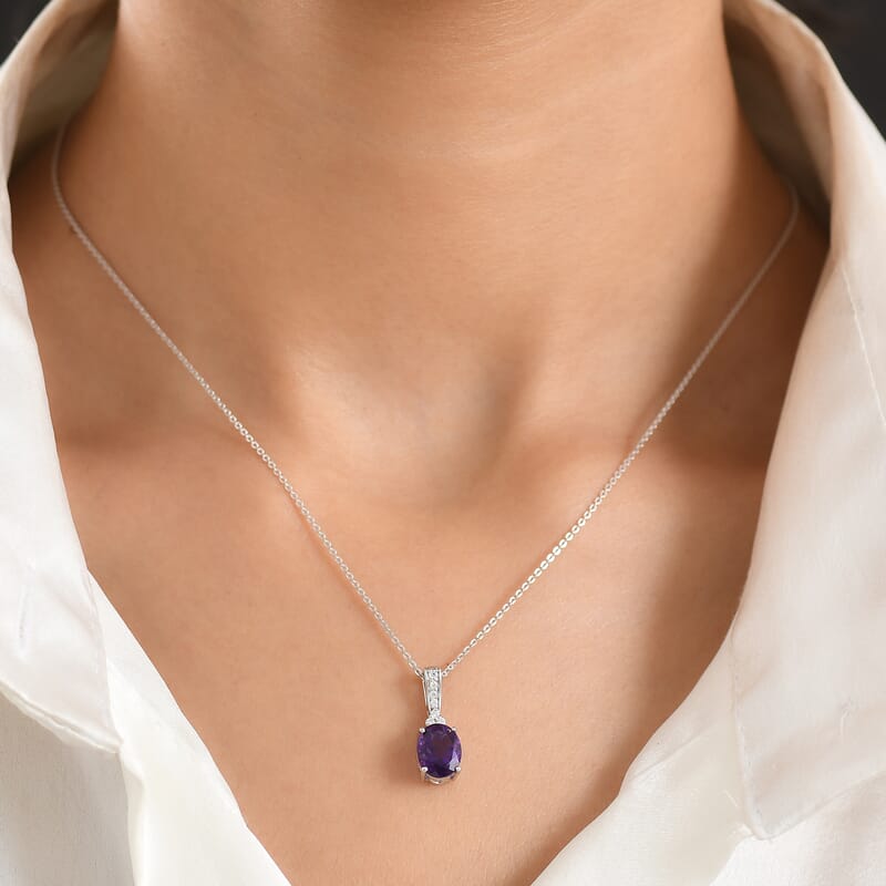 D'Joy AAA Zambian Amethyst and Moissanite 1.75 ctw Violet Majesty Pendant Necklace in Rhodium Over Sterling Silver 20 Inches