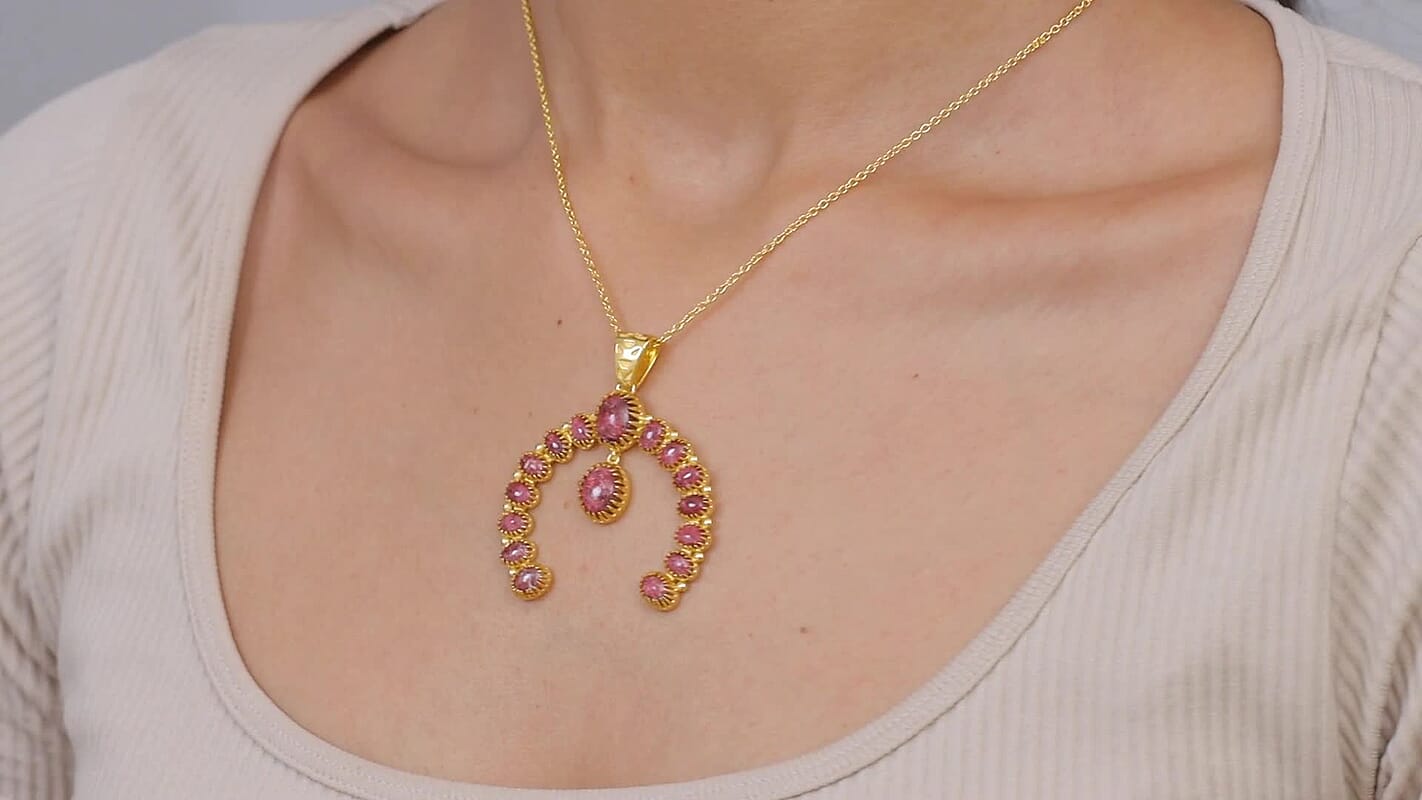 EverTrue Premium Norwegian Thulite 16.10 ctw Squash Blossom Pendant in 18K YG Plated with ION Played YG Stainless Steel Necklace 20 Inches