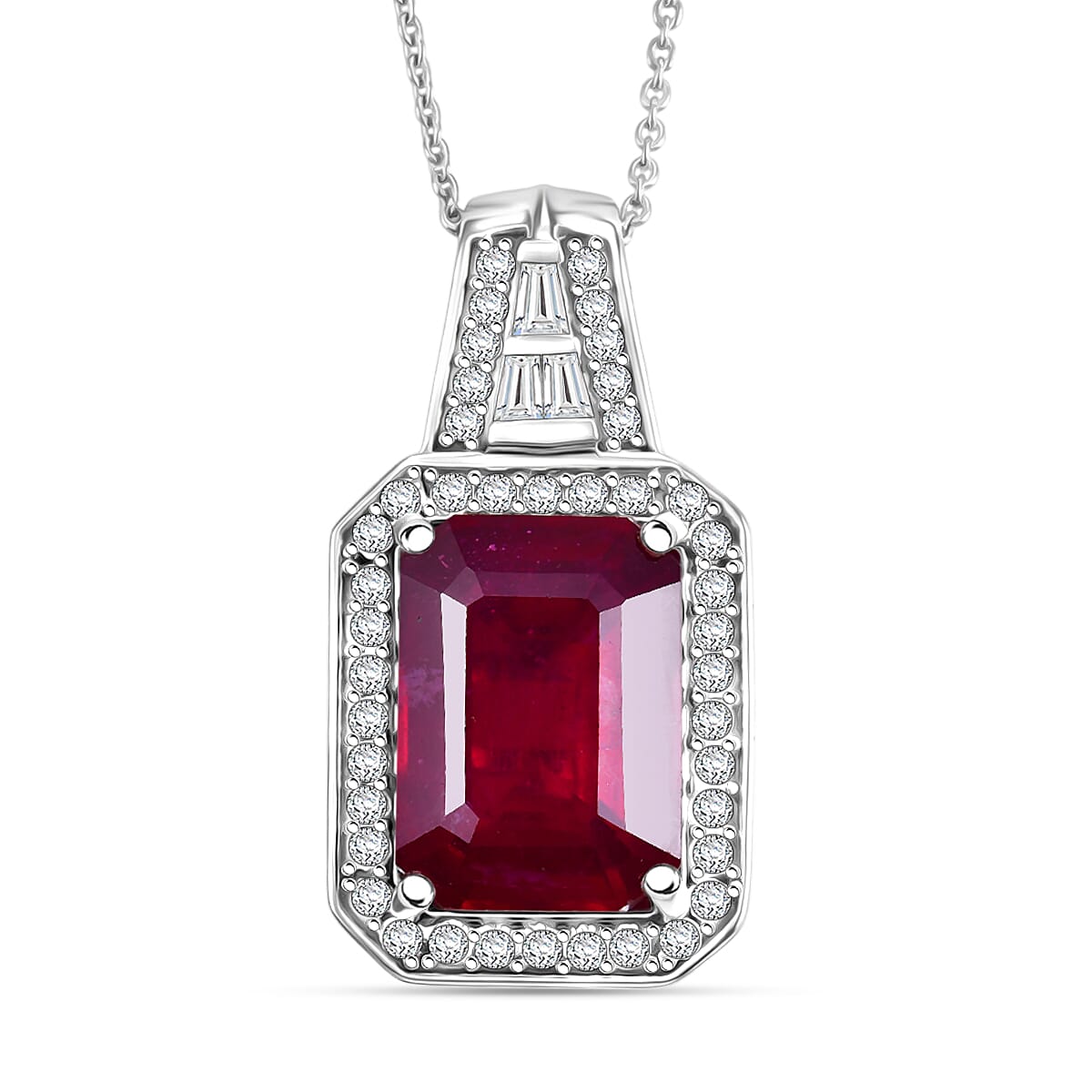 D'Joy Premium Niassa Ruby (FF) and Moissanite 12.50 ctw Royal Frame Pendant Necklace in Rhodium Over Sterling Silver 20 Inches