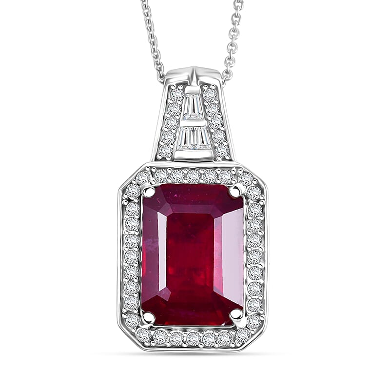 D'Joy Premium Niassa Ruby (FF) and Moissanite 12.50 ctw Royal Frame Pendant Necklace in Rhodium Over Sterling Silver 20 Inches