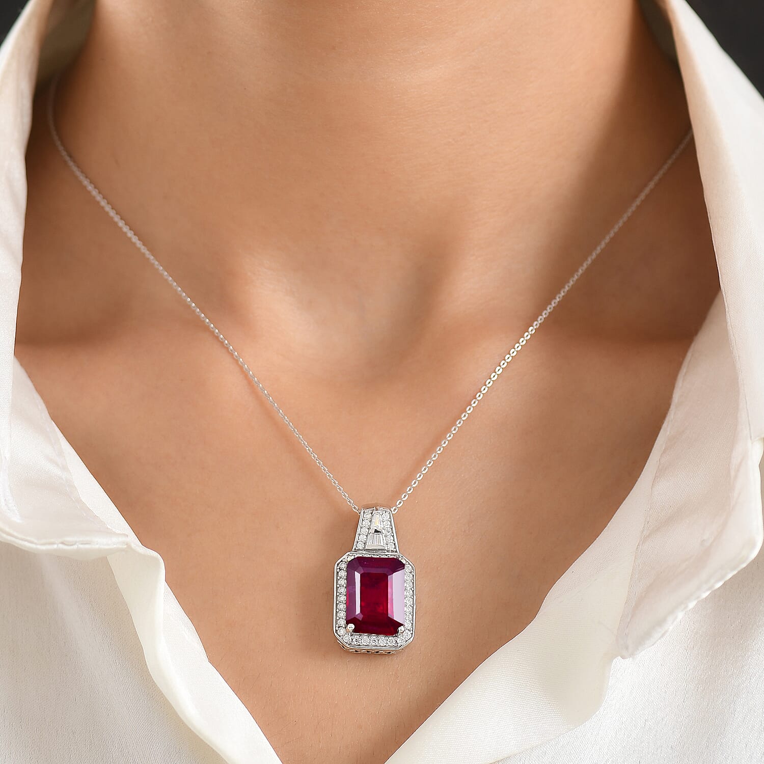 D'Joy Premium Niassa Ruby (FF) and Moissanite 12.50 ctw Royal Frame Pendant Necklace in Rhodium Over Sterling Silver 20 Inches
