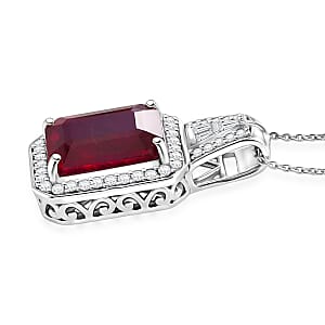 D'Joy Premium Niassa Ruby (FF) and Moissanite 12.50 ctw Royal Frame Pendant Necklace in Rhodium Over Sterling Silver 20 Inches 