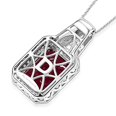 D'Joy Premium Niassa Ruby (FF) and Moissanite 12.50 ctw Royal Frame Pendant Necklace in Rhodium Over Sterling Silver 20 Inches