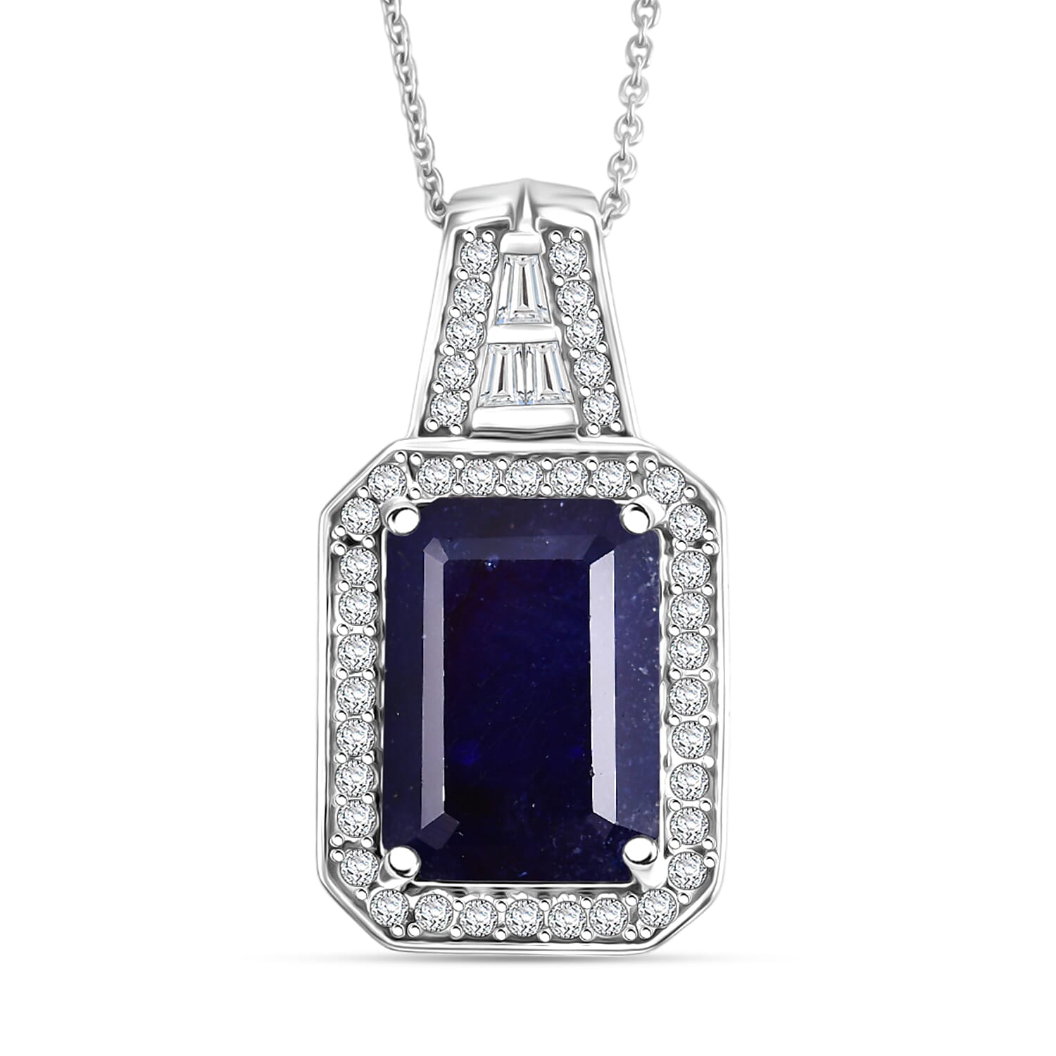 D'Joy Premium Masoala Sapphire (D) and Moissanite 11.65 ctw Royal Frame Pendant Necklace in Rhodium Over Sterling Silver 20 Inch