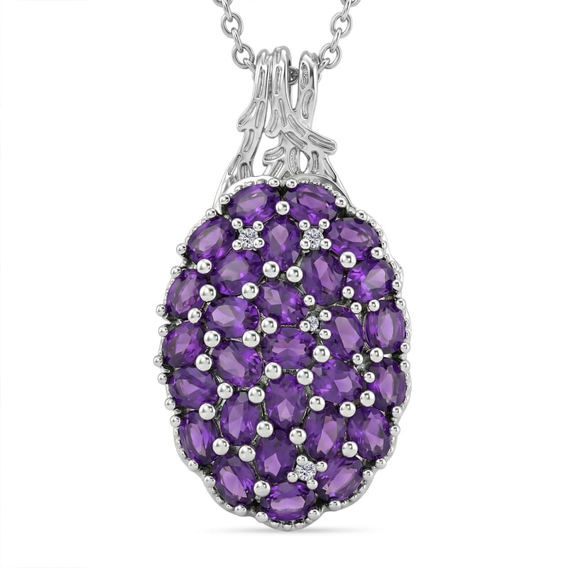 EverTrue African Amethyst and White Zircon 4.65 ctw Mosaic Bloom Pendant in Platinum Bond with Stainless Steel Necklace (20 Inches)