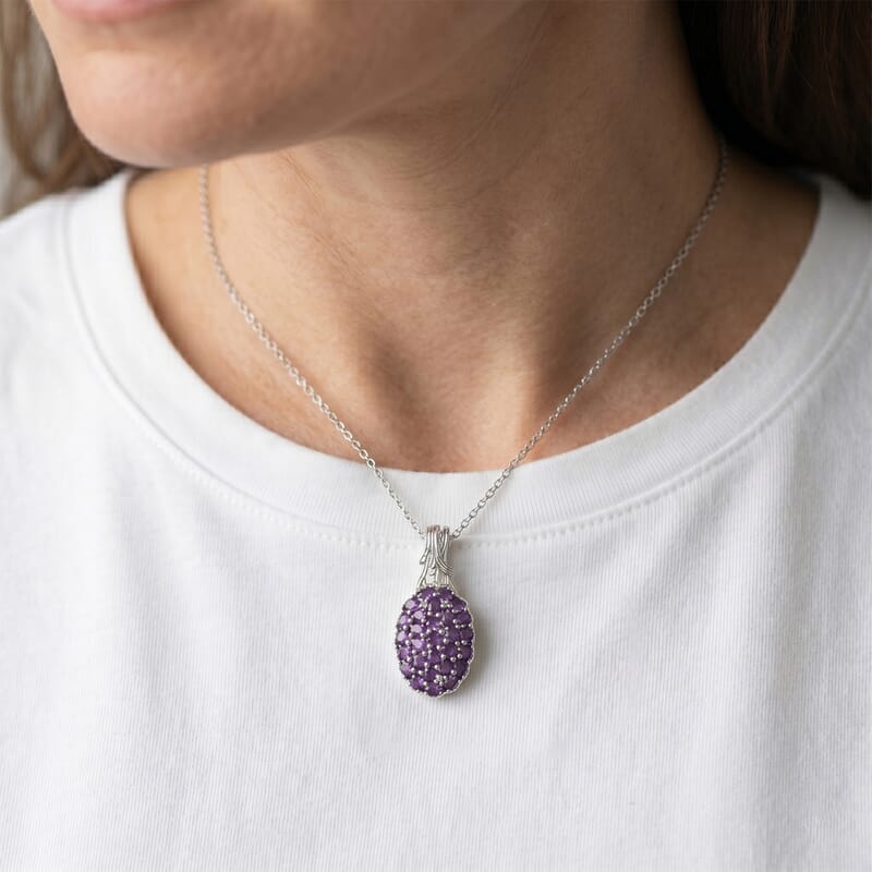 EverTrue African Amethyst and White Zircon 4.65 ctw Mosaic Bloom Pendant in Platinum Bond with Stainless Steel Necklace (20 Inches)