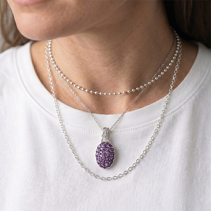 EverTrue African Amethyst and White Zircon 4.65 ctw Mosaic Bloom Pendant in Platinum Bond with Stainless Steel (20 Inches)