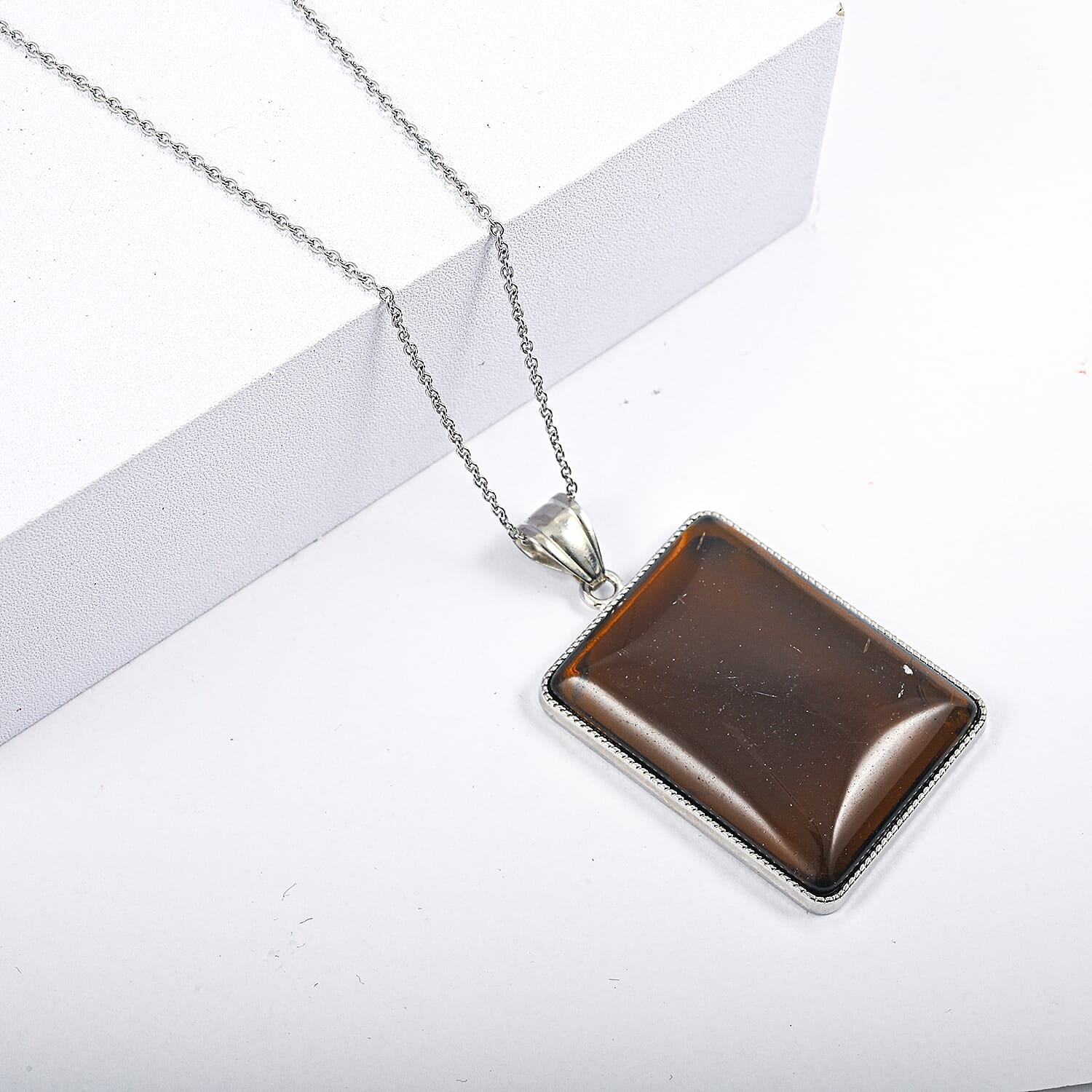 Rectangle Smoky Quartz 115.00 ctw Pendant in Silvertone with Stainless Steel Necklace 20 Inches