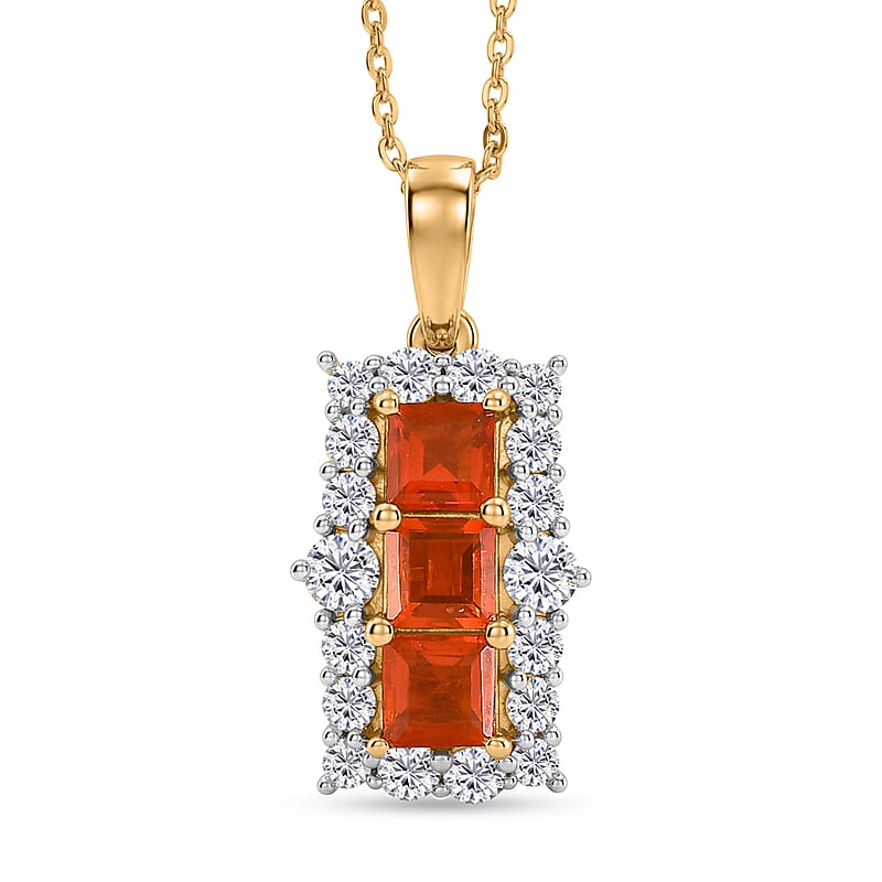 D'Joy Fire Opal and White Zircon 1.80 ctw Pendant Necklace (20 inches) in 14K Yellow Gold Over Sterling Silver