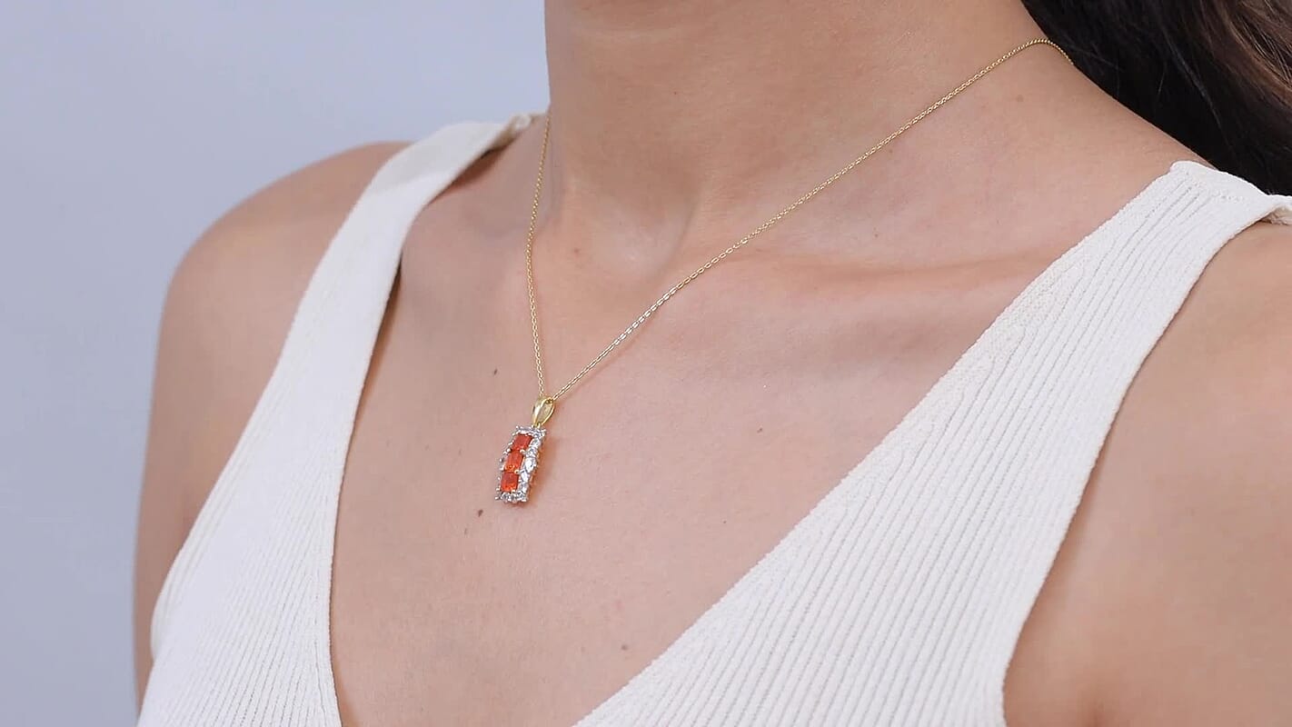 D'Joy Fire Opal and White Zircon 1.80 ctw Pendant Necklace (20 inches) in 14K Yellow Gold Over Sterling Silver