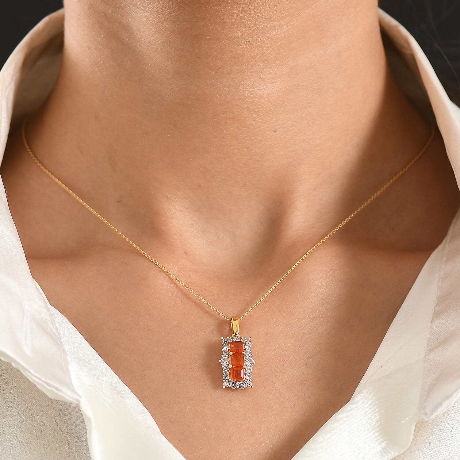 D'Joy Fire Opal and White Zircon 1.80 ctw Pendant Necklace (20 inches) in 14K Yellow Gold Over Sterling Silver