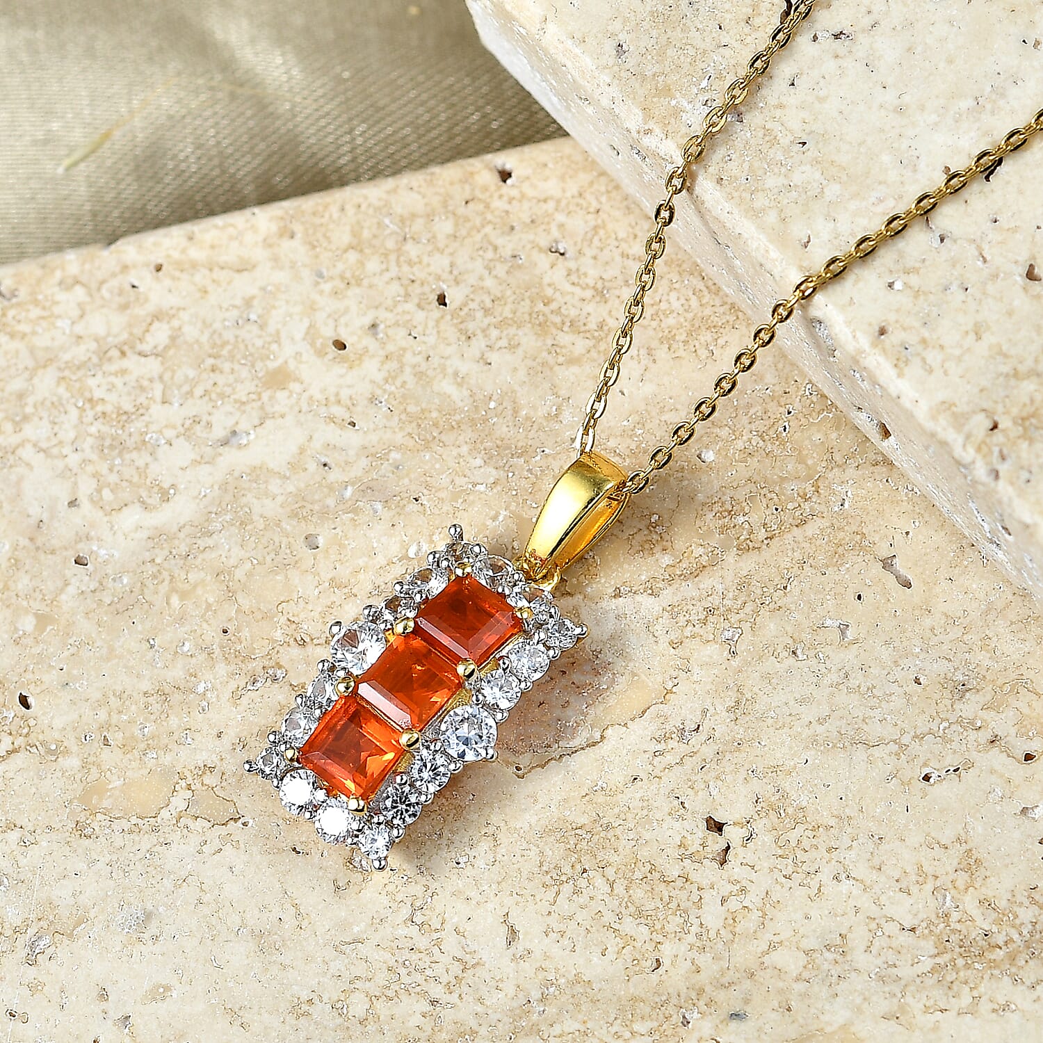 D'Joy Fire Opal and White Zircon 1.80 ctw Pendant Necklace (20 inches) in 14K Yellow Gold Over Sterling Silver