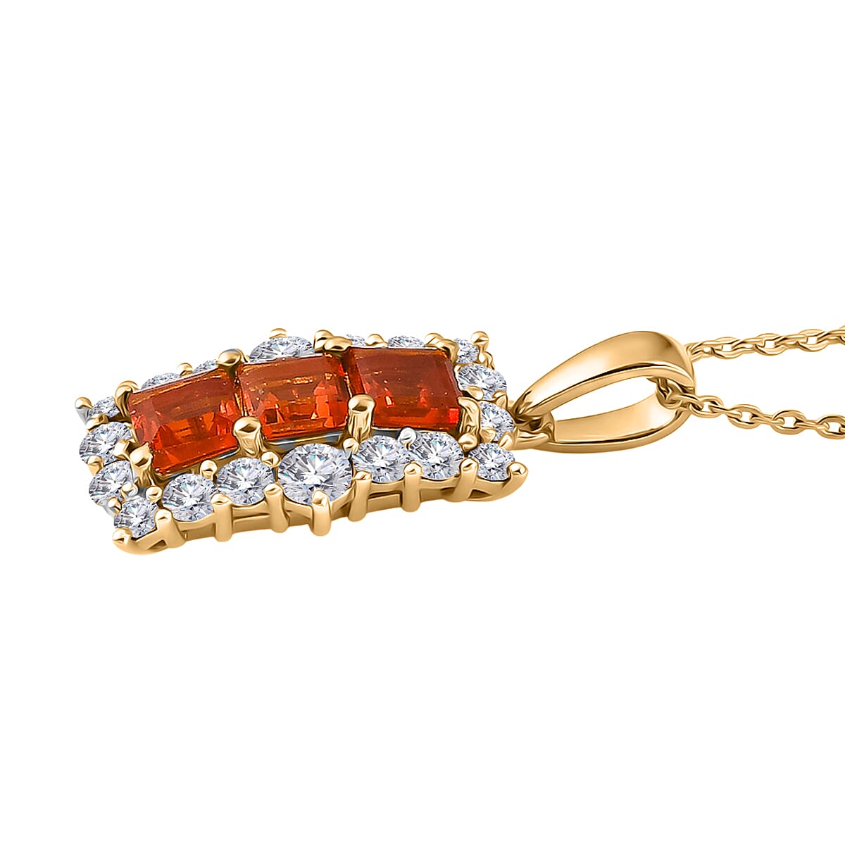 D'Joy Fire Opal and White Zircon 1.80 ctw Pendant Necklace (20 inches) in 14K Yellow Gold Over Sterling Silver