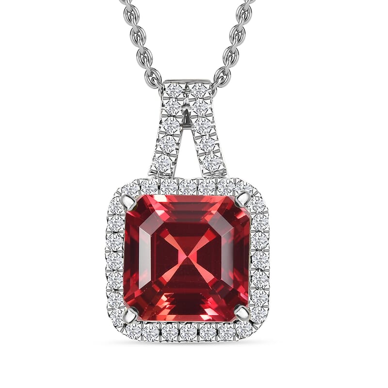 D'Joy Asscher Cut Lab Grown Padparadscha Sapphire and Moissanite 4.50 ctw Pendant Necklace in Rhodium Over Sterling Silver 20 Inches