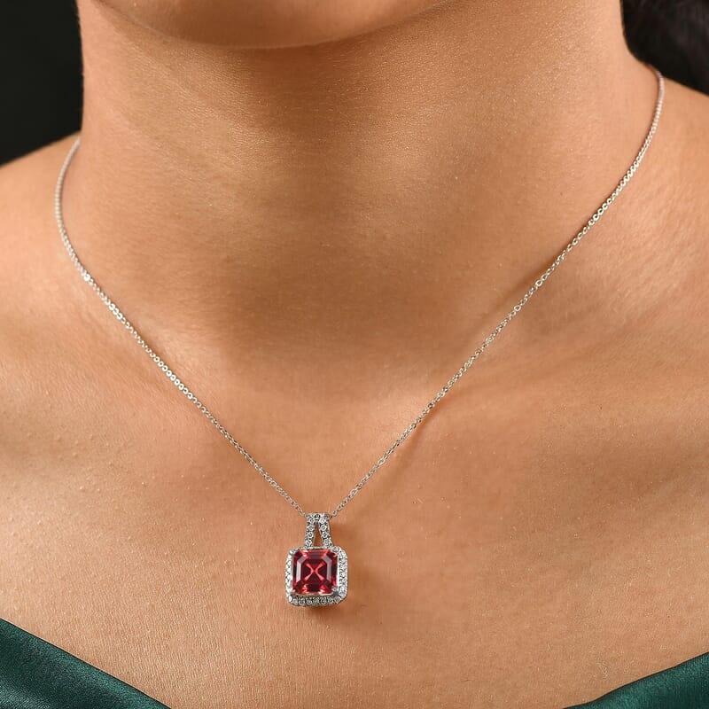 D'Joy Asscher Cut Lab Grown Padparadscha Sapphire and Moissanite 4.50 ctw Pendant Necklace in Rhodium Over Sterling Silver 20 Inches