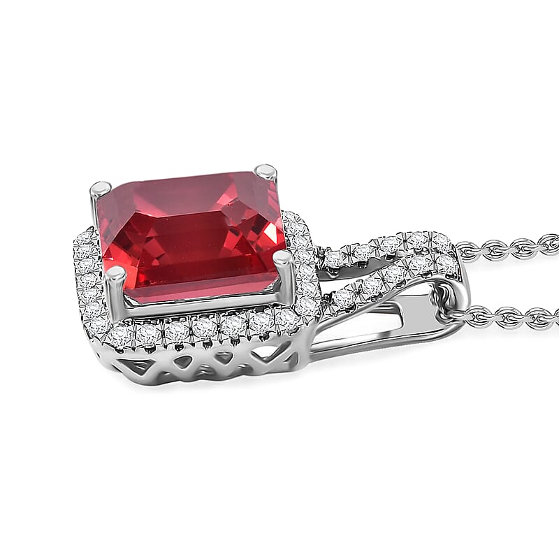 D'Joy Asscher Cut Lab Grown Padparadscha Sapphire and Moissanite 4.50 ctw Pendant Necklace in Rhodium Over Sterling Silver 20 Inches