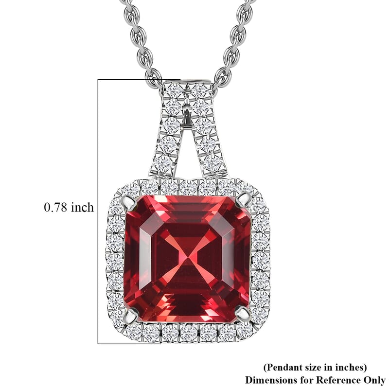 D'Joy Asscher Cut Lab Grown Padparadscha Sapphire and Moissanite 4.50 ctw Pendant Necklace in Rhodium Over Sterling Silver 20 Inches
