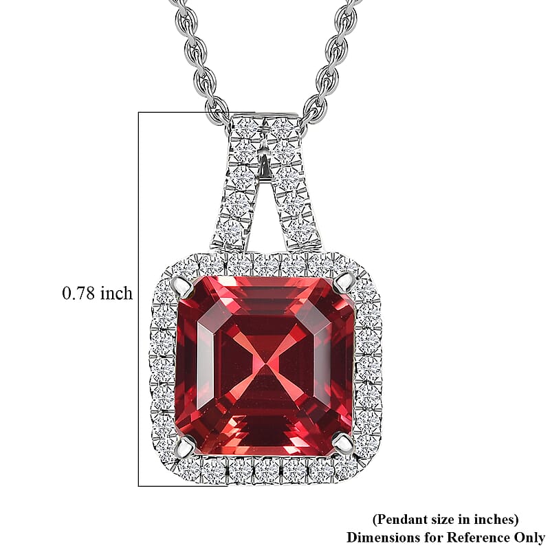 D'Joy Asscher Cut Lab Grown Padparadscha Sapphire and Moissanite 4.50 ctw Pendant Necklace in Rhodium Over Sterling Silver 20 Inches
