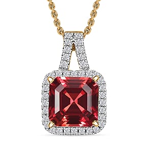 D'Joy Asscher Cut Lab Grown Padparadscha Sapphire and Moissanite 4.50 ctw Pendant Necklace in 18K Vermeil Yellow Gold Over Sterling Silver 20 Inches