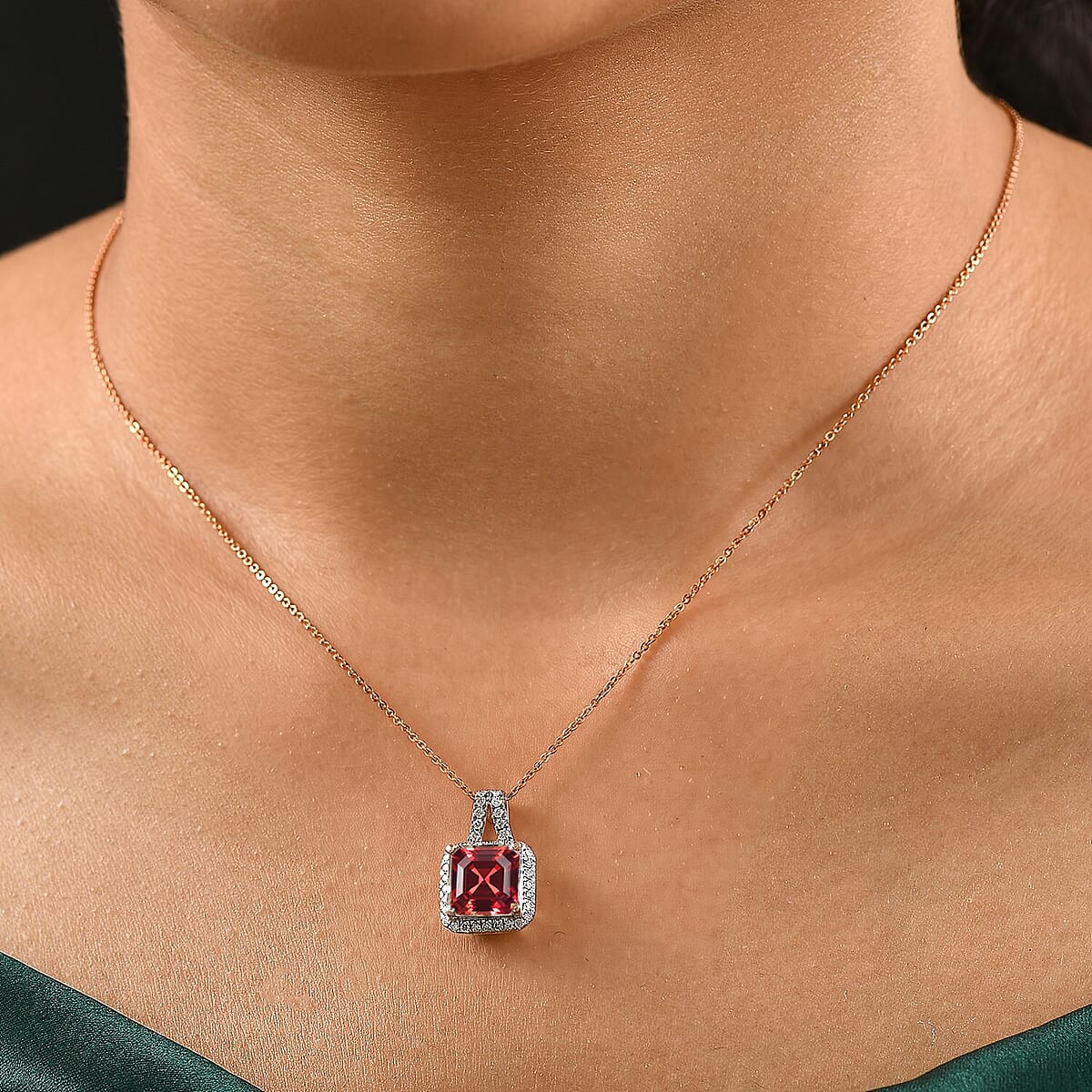D'Joy Asscher Cut Lab Grown Padparadscha Sapphire and Moissanite 4.50 ctw Pendant Necklace in 18K Vermeil Rose Gold Over Sterling Silver 20 Inches image number 2