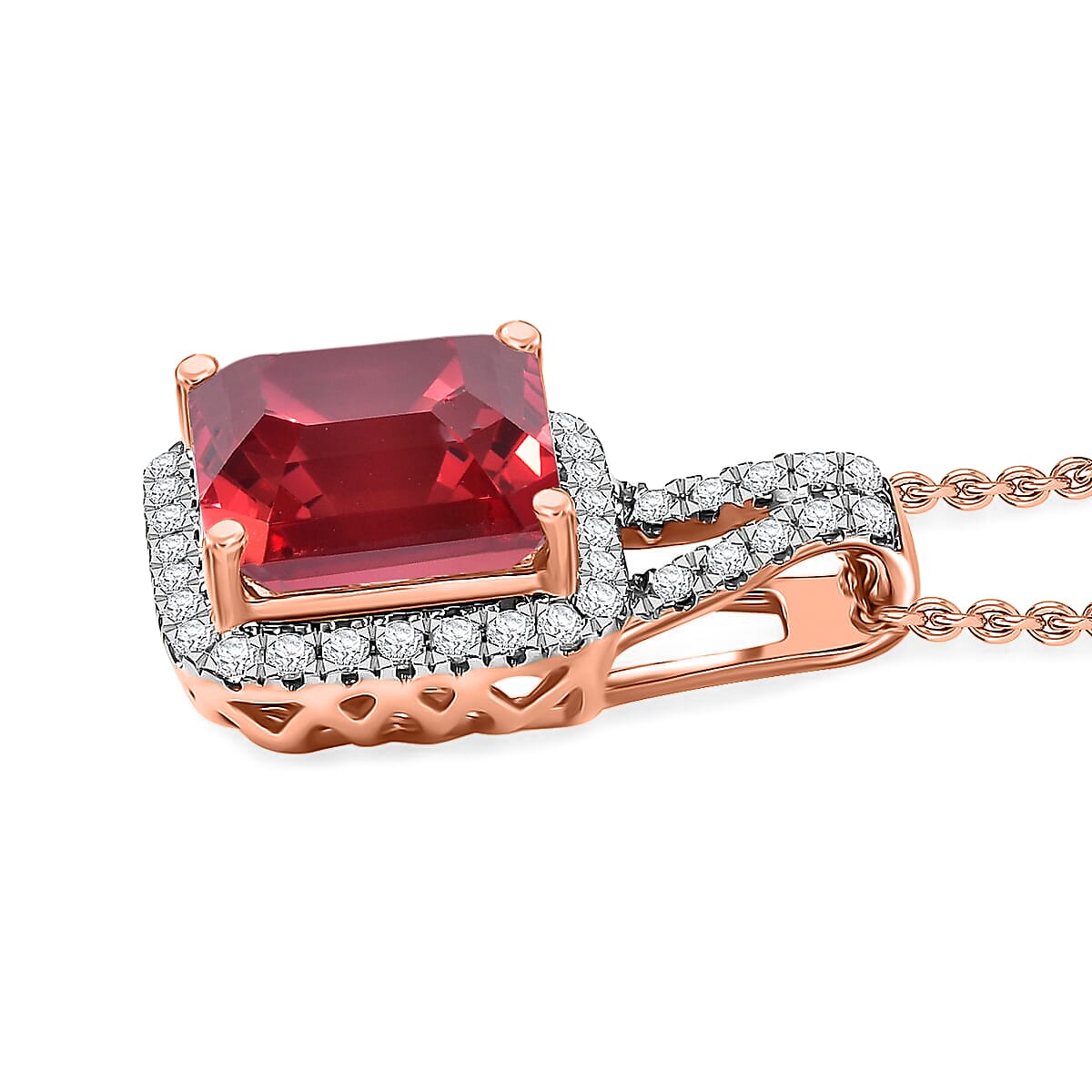D'Joy Asscher Cut Lab Grown Padparadscha Sapphire and Moissanite 4.50 ctw Pendant Necklace in 18K Vermeil Rose Gold Over Sterling Silver 20 Inches image number 3
