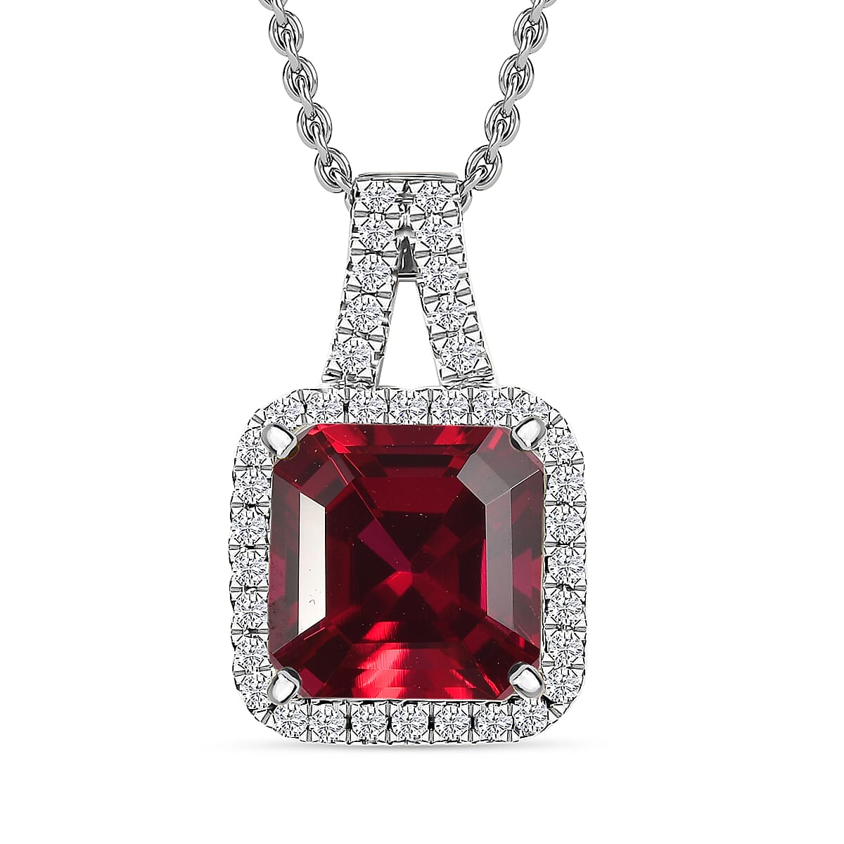 D'Joy Asscher Cut Lab Grown Ruby and Moissanite 4.50 ctw Pendant Necklace in Rhodium Over Sterling Silver 20 Inches