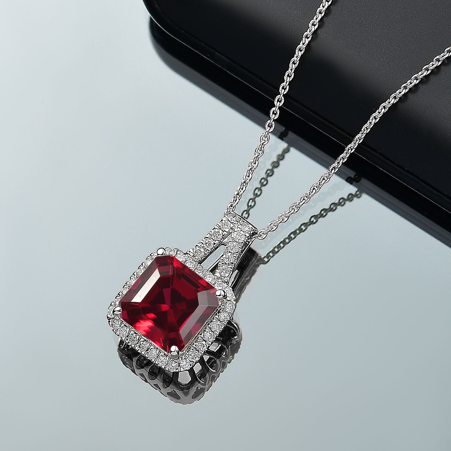 D'Joy Asscher Cut Lab Grown Ruby and Moissanite 4.50 ctw Pendant Necklace in Rhodium Over Sterling Silver 20 Inches