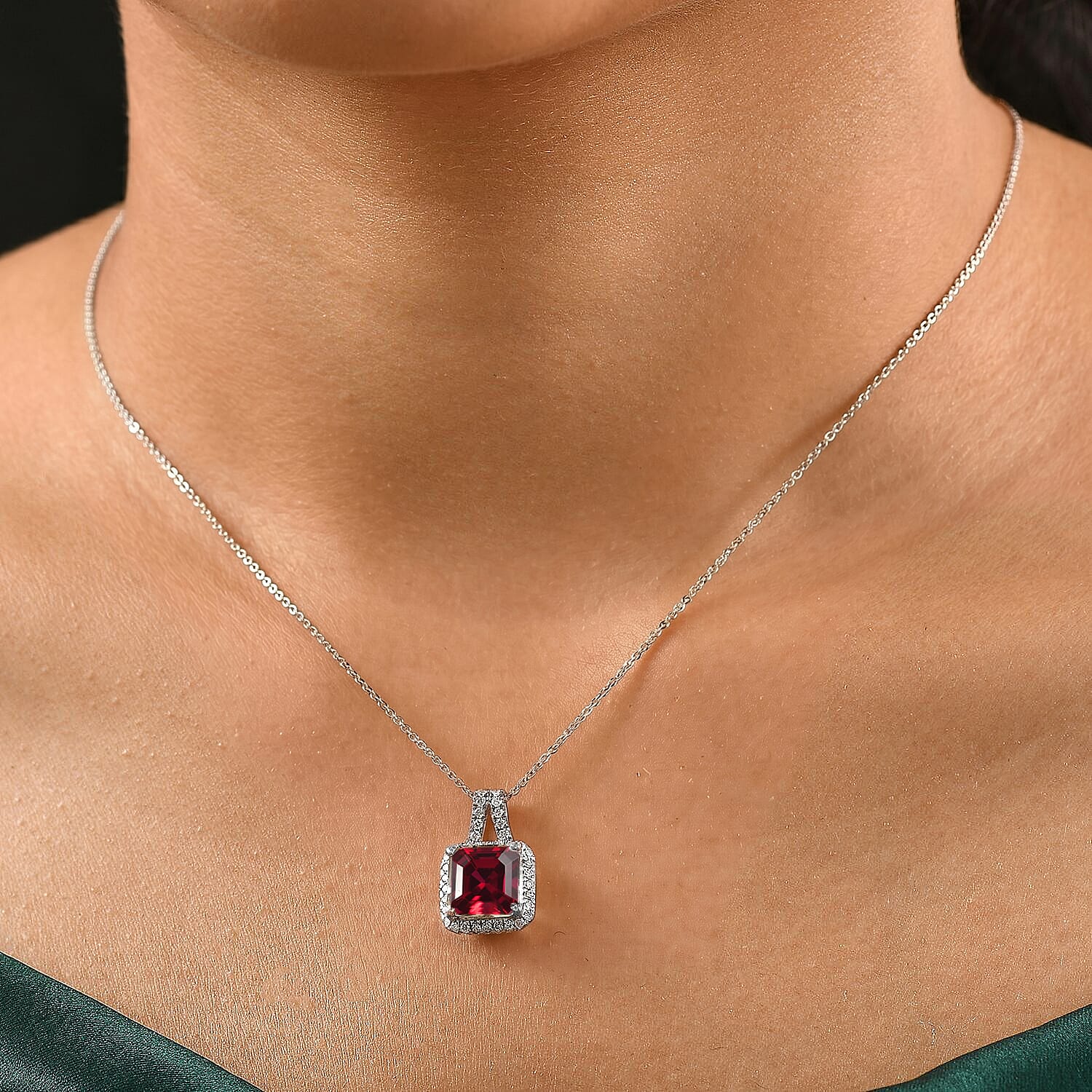 D'Joy Asscher Cut Lab Grown Ruby and Moissanite 4.50 ctw Pendant Necklace in Rhodium Over Sterling Silver 20 Inches