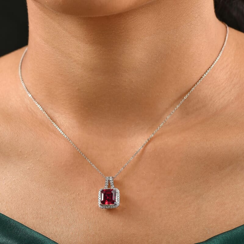D'Joy Asscher Cut Lab Grown Ruby and Moissanite 4.50 ctw Pendant Necklace in Rhodium Over Sterling Silver 20 Inches